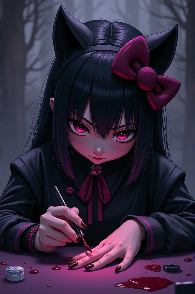create an illustration of Hello Kitty's Kuromi doing her nails . in the style of Kuromi from Hello Kitty but dark