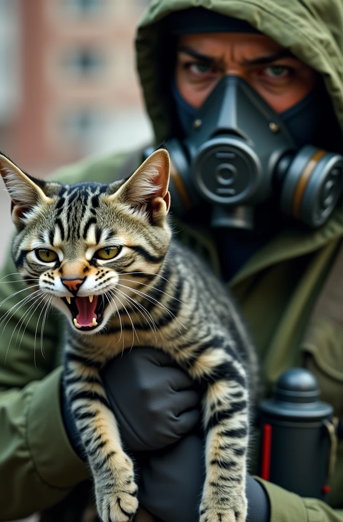 A person wearing a gas mask and green clothing is holding a small cat with red striped patterns. The cat appears agitated and is showing its teeth, while the background is blurred, suggesting an urban environment.