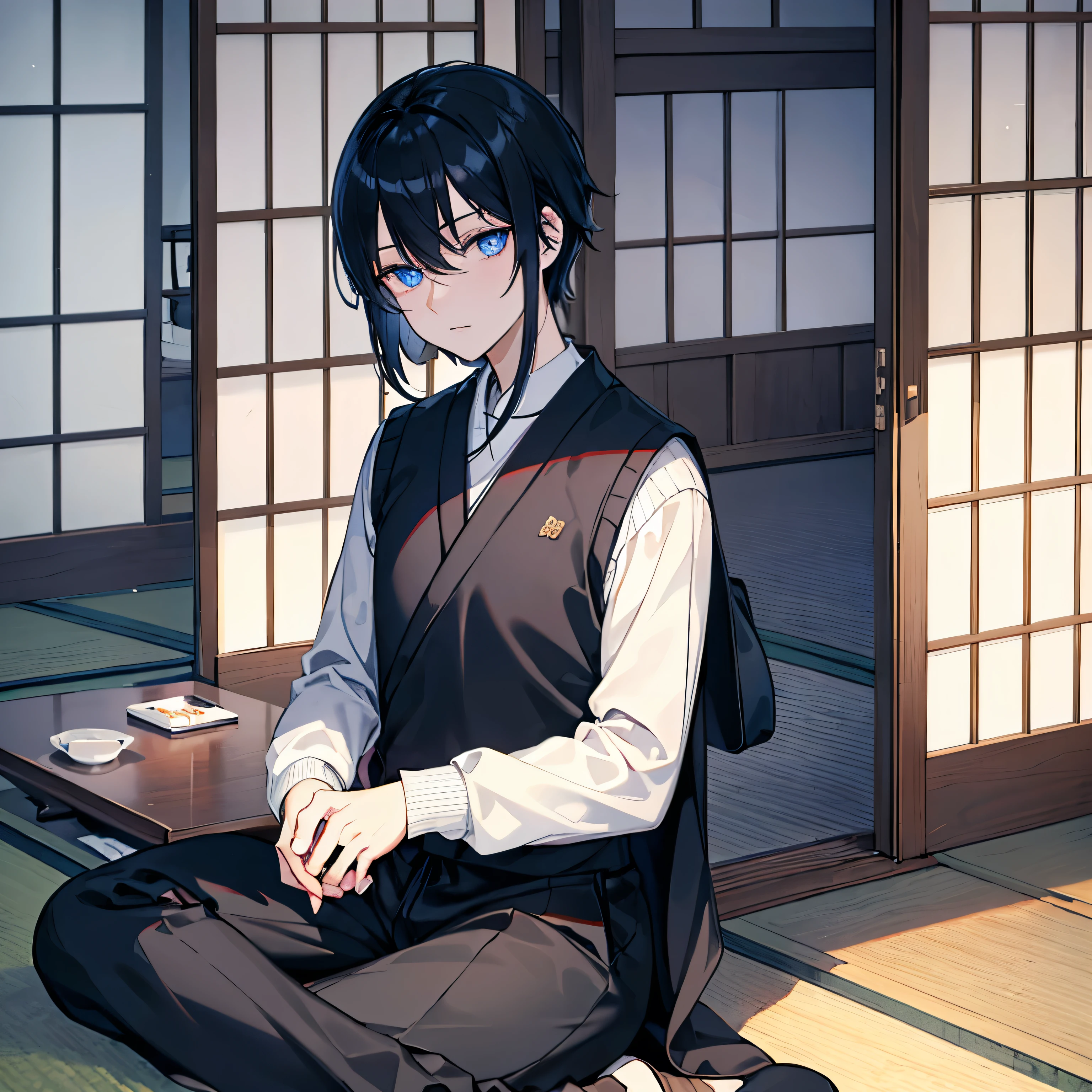 male　black hair　blue eyes　sweater　Check slacks　vest　coat　sit　sky at dawn　Inside the building　Japanese-style house　plush furnishings　机にsit　draw letters　masterpiece　Highest image quality　noise removal　clear parts 　cinematic shadow　Increased attractiveness of the eyes　clear parts the shine of the eyes　Draw eyelashes neatly　perfect eyes　detailed eyes　Sharpen image quality　Sharpen eye writing　clear parts eye shape