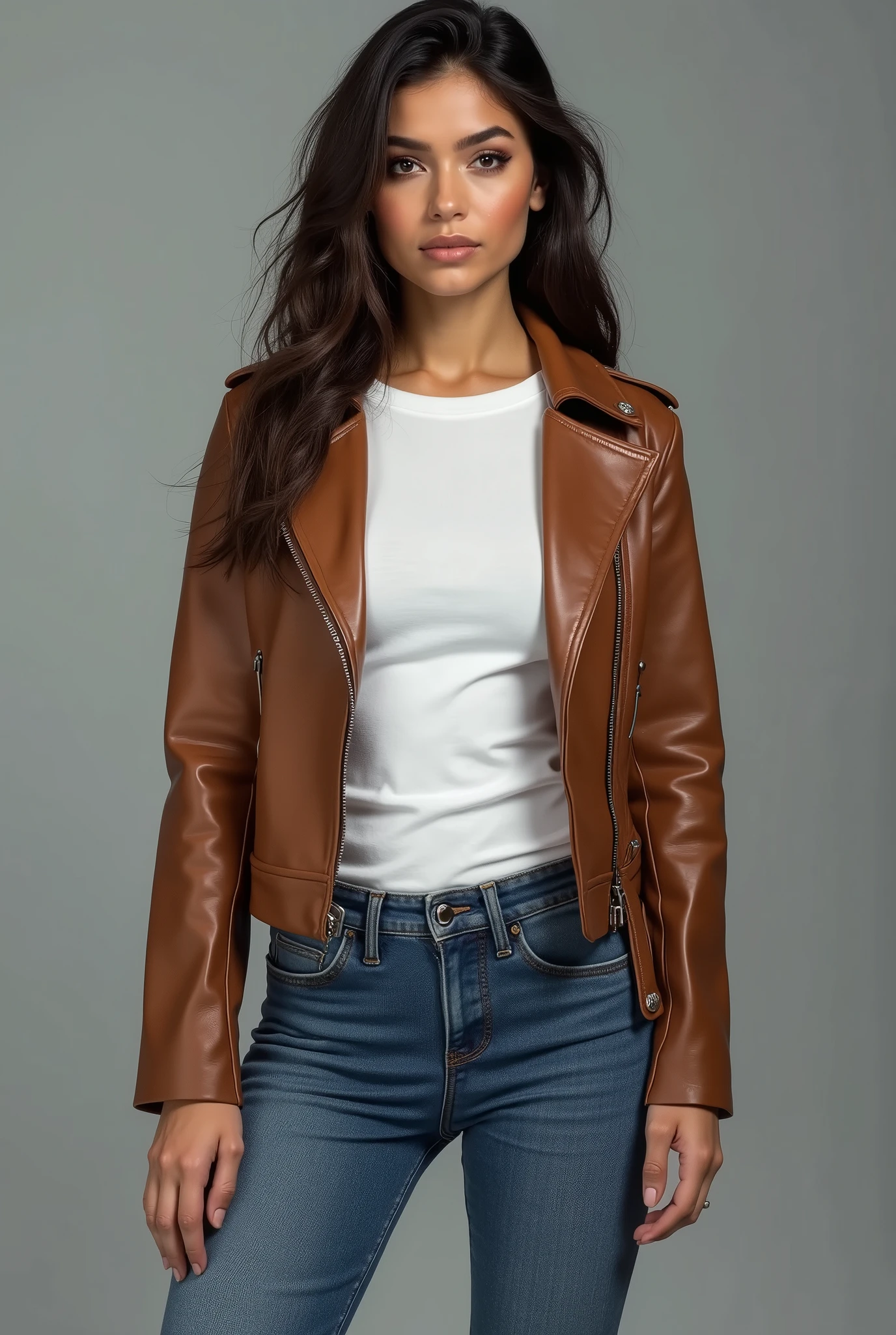 beautiful latin woman, standing straight facing forward, with white t-shirt, brown leather jacket, denim jeans pants, on a greyish background, cotton t-shirt texture, fitted t-shirt, round neck, striped tights. Medium camera shot.