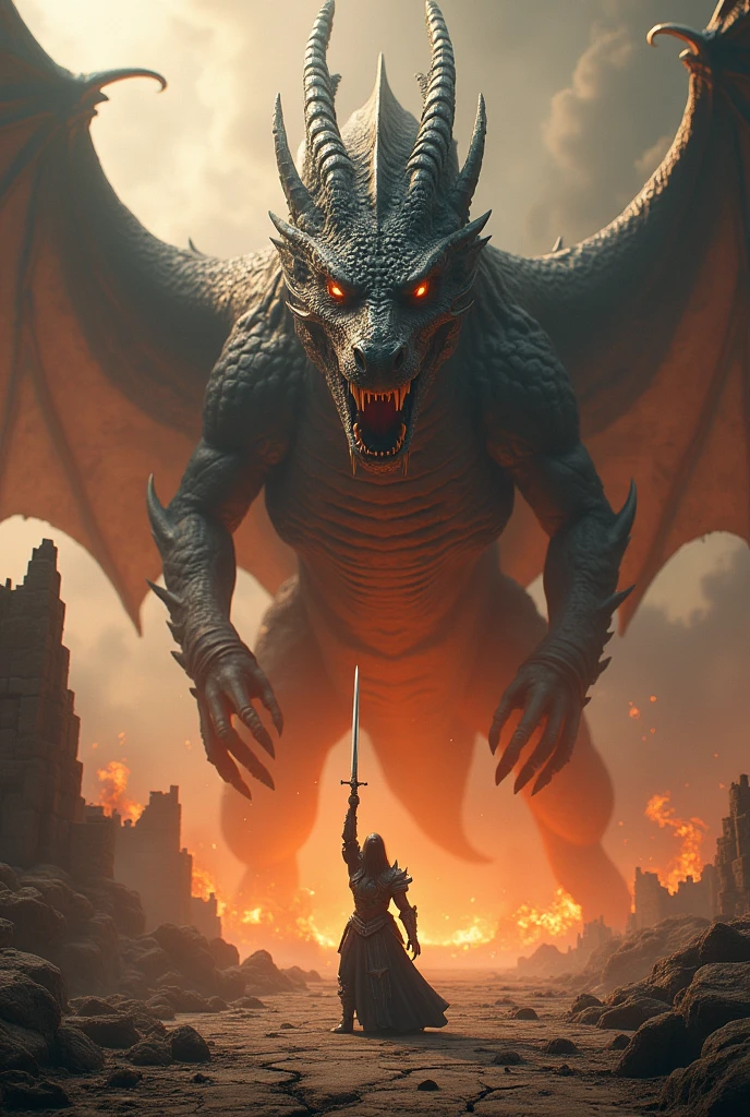 a towering majestic dragon emerging from a swirling inferno, massive wings unfurled, scales shimmering in dark earthy hues, fiery eyes blazing with intensity, powerful clawed limbs, lone figure in silver armor holding sword aloft, smoke and embers, cracked smoldering ground, ancient ruined temple in background, epic scale, dramatic confrontation, extremely detailed dragon face with human-like features, hyperrealistic, 8k, realistic lighting, volumetric fog, award winning, intricate details, dramatic composition, dramatic high contrast lighting, cinematic, concept art style