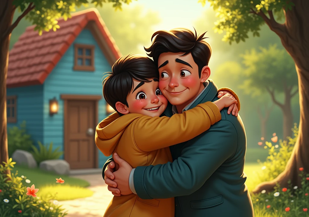 A boy giving his parents a tight hug, and crying with happiness, in the background of the image there are forests and a blue house with wooden doors and red tiles, the parents are smiling and happy with the boy's return