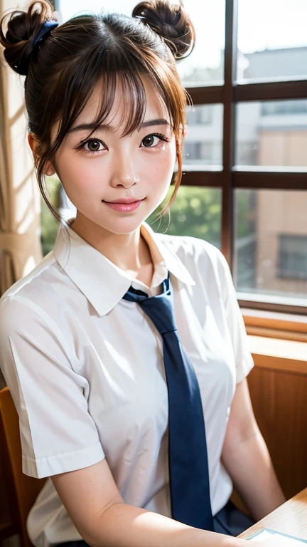 (Beautiful Japanese Women), Cute Face, (Deeply chiseled face:0.7), (freckles:0.6), Soft Light,Healthy white skin, shy, (Serious face), (Sparkling eyes), thin, smile, uniform、classroom、Sitting at a desk、double bun