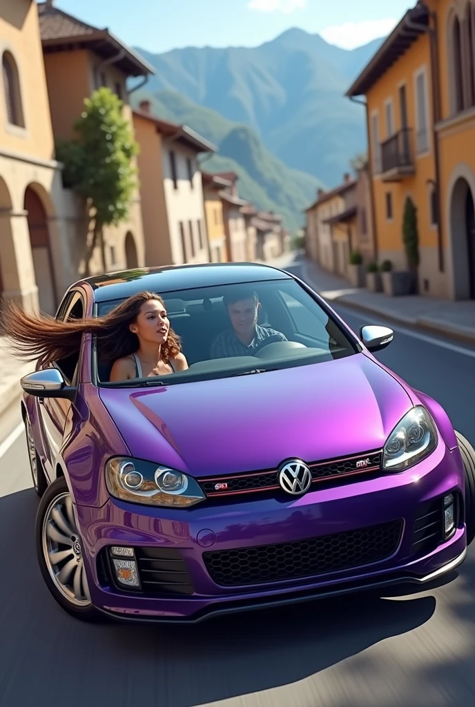Golf 3 gti purple color shiny rims in the streets of Annecy with a beautiful brunette with curly hair at the wheel