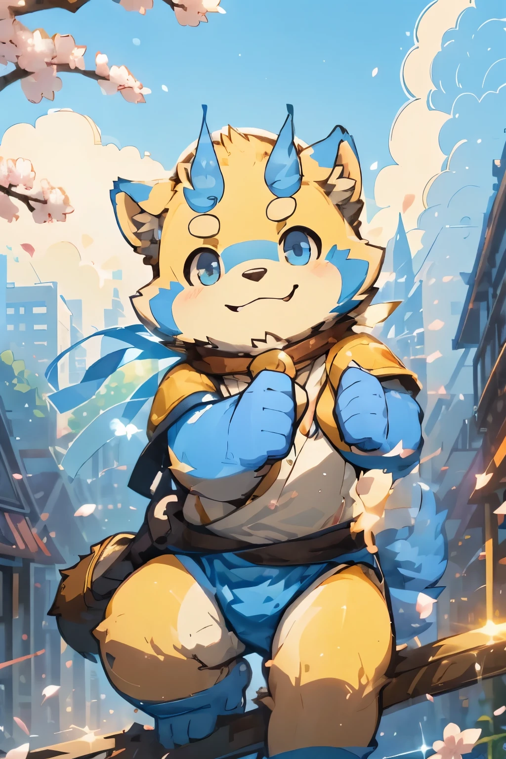 solo, male, botailang, (botailang，furry, anthro), city, parkour, cherry blossom, dynamic lighting, sunset, glow, depth of field, top-quality，best qualityer，rzminjourney，vectorial art, , niji, round form，Bust，  Smiling warmly，Flashing friendly peace signs, detailed illustration