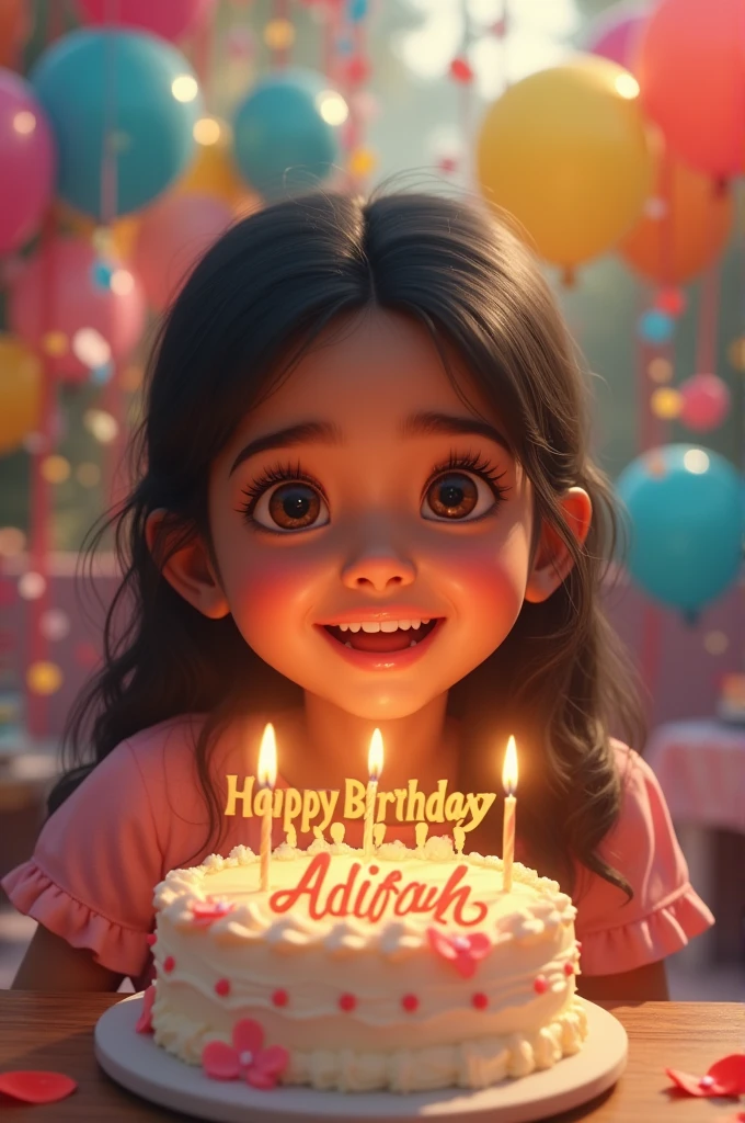 Create a realistic image showing a joyous  South Asian girl. Without cake. The cake should have the inscription 'Happy birthday Adifaah' on it. The background should be adorned with balloons and festive decorations.