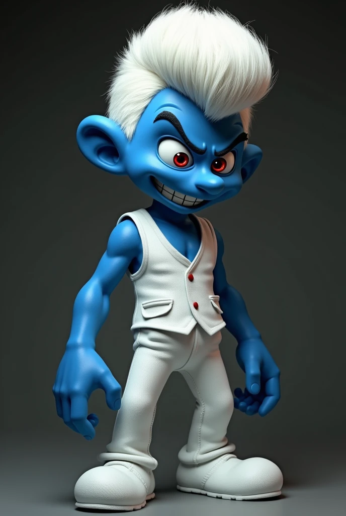 An evil smurf man, But very handsome, with evil smile and red eyes, high, straight white hair and white vest dress and white classic pants, human version