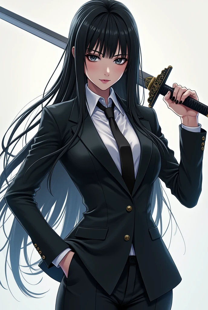 Anime girl in a suit, holding a sword, agile, cool, long straight black hair, sharp eyes