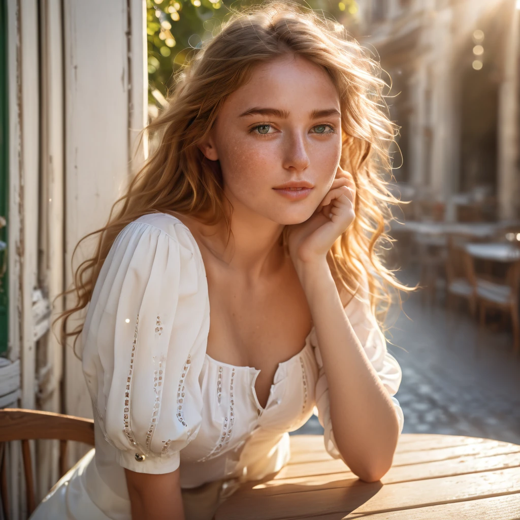 Capture the essence of a masterpiece with an 8K wallpaper depicting one stunning woman. She sits effortlessly on the sun-drenched terrace of a charming cafe, adorned in a crisp, high-quality blouse that accentuates her refined features. At noon, warm light casts a flattering glow on her porcelain skin, highlighting the subtle freckles scattered across her nose and cheeks. Her light brown locks are effortlessly messy, framing her heart-shaped face with a whimsical charm. As she gazes off-camera, her bright, beautiful eyes sparkle like diamonds in the afternoon sun, drawing the viewer's attention to her captivating presence. The dynamic composition, with its symmetrical balance of shapes and lines, creates a sense of harmony and serenity, inviting the viewer to pause and appreciate the beauty before them.