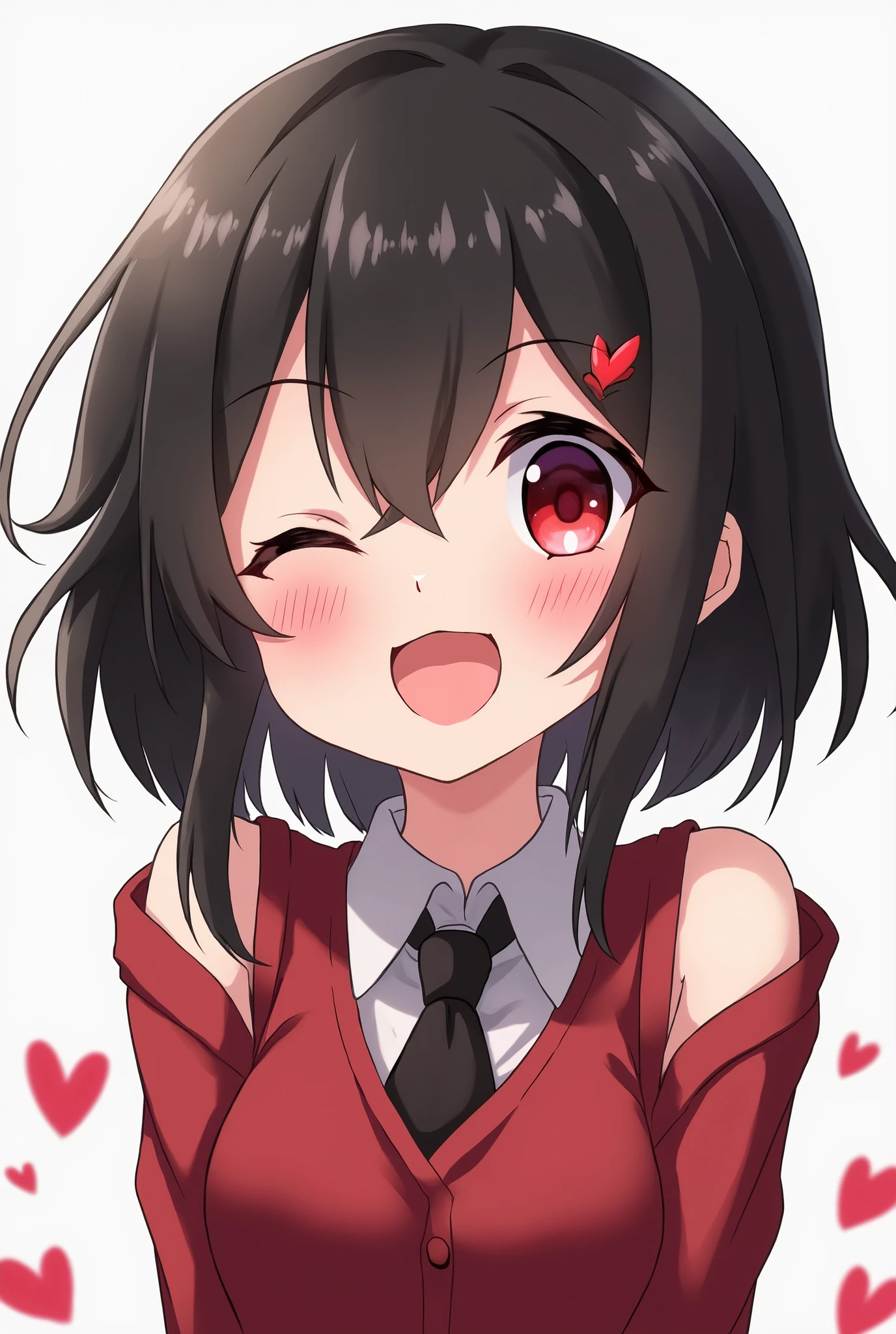 ahegao, Megumin, short hair, black hair, (red eyes:1.3), short hair with long locks, winking, happy, 