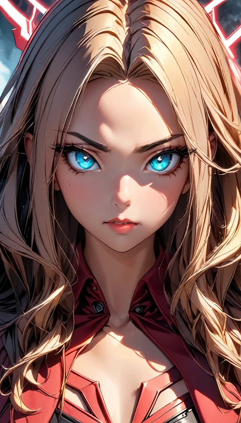 8k, dark_Fantasy, (Scarlet Witch, yellow: 1.5), Angel face, 1 person, Standing full-body portrait, Wonders of the machine, Robotic presence