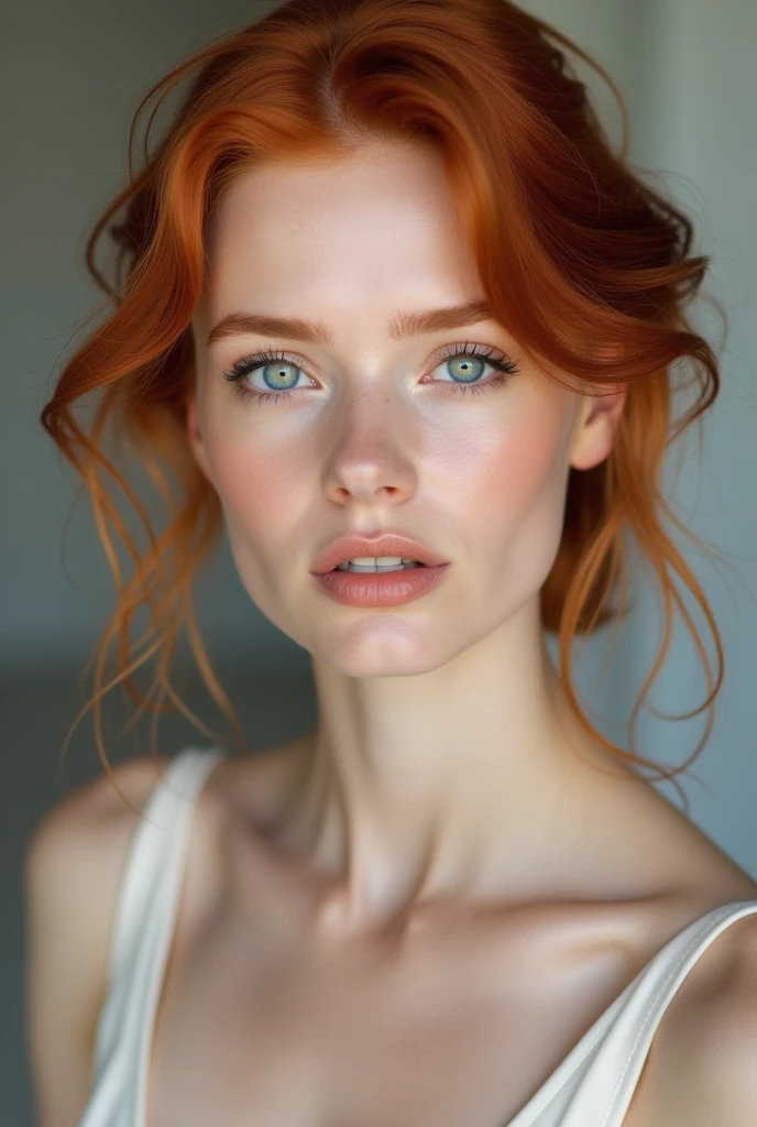 I want several realistic images of a girl with red hair and white skin and blue eyes, very fine features, a beautiful model&#39;s body. I want photos where she is putting on makeup and other photos of her full body and others where she is holding makeup. 