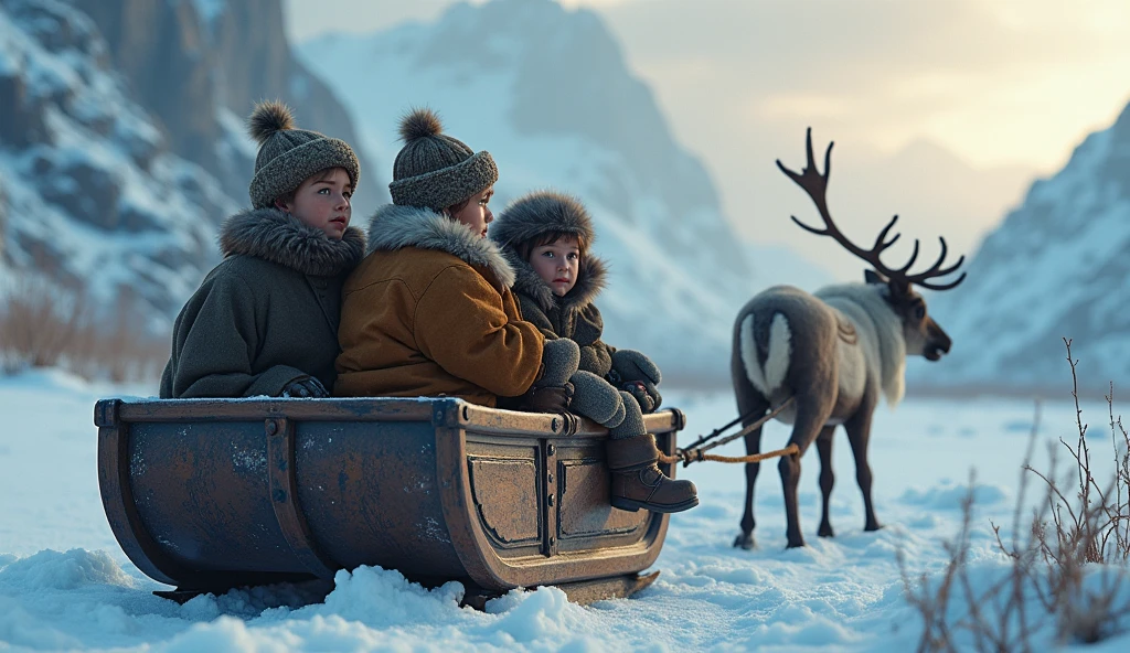 (photorealism:1.2), nothern land, snow, a little dark time, reinder, sledge, kids with furry clothes, realistic, intricate details, warm colors