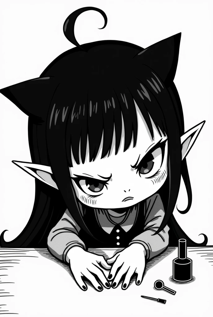 create an illustration of Hello Kitty's Kuromi doing her nails . in the style of Kuromi from Hello Kitty but dark without color and in the style of the Hello Kitty animation