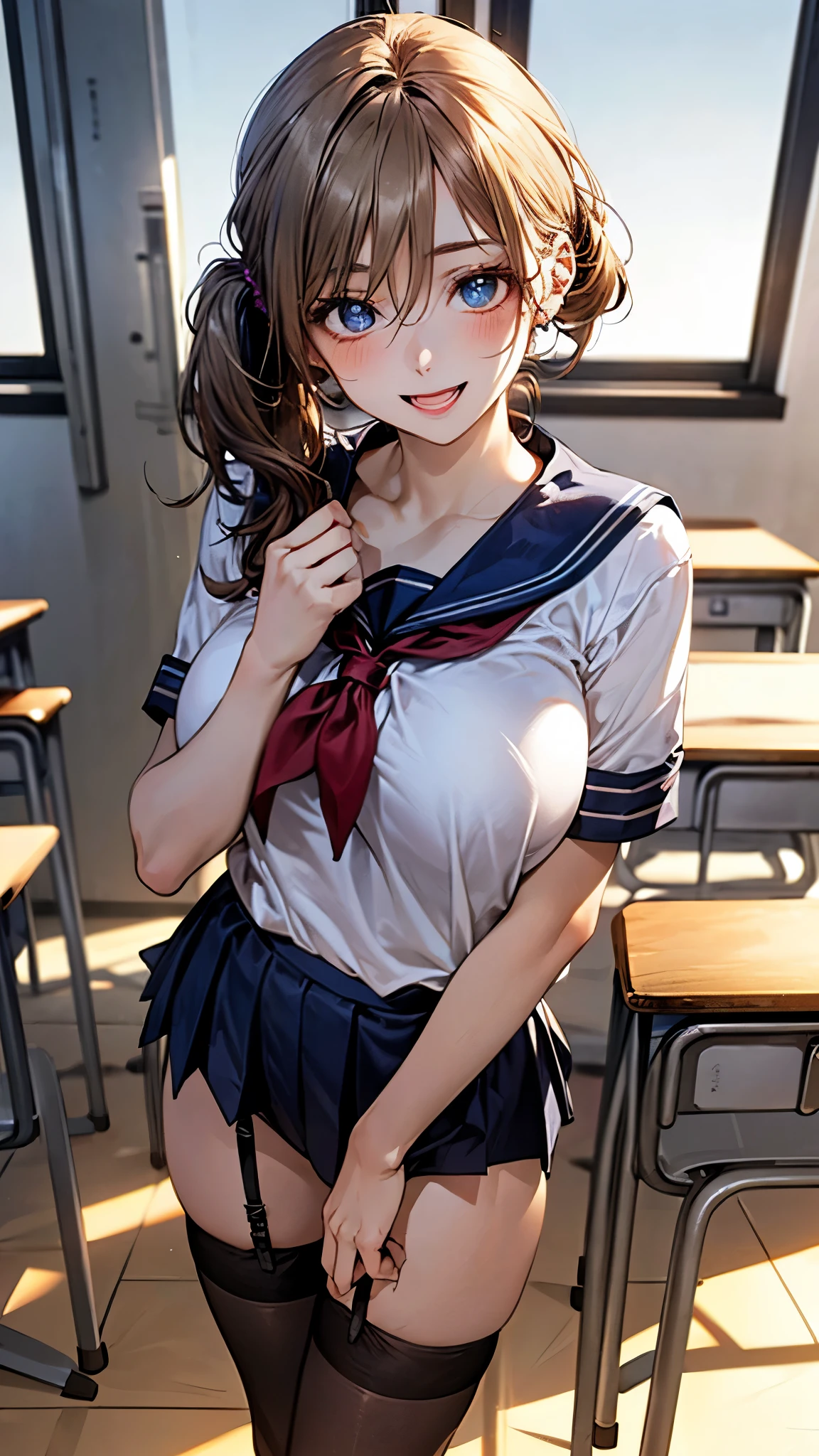 (masterpiece:1.2, top-quality), (realistic, photorealistic:1.4), beautiful illustration, (natural side lighting, movie lighting), depth of fields, nsfw,
beautiful detailed hair, beautiful detailed face, beautiful detailed eyes, beautiful clavicle, beautiful body, beautiful chest, beautiful thigh, beautiful legs,
looking at viewer, 1 girl, pretty girl, (perfect anatomy, perfect limbs, anatomically correct, super detailed skin), cute and symmetrical face, perfect face, perfect eyes,
(middle hair, side ponytail, blonde hair), hair between eyes, blue eyes, big eyes, long eye lasher, (large breasts, seductive thighs), perfect body, shiny skin, slender,
(navy sailor suit:1.2, navy pleated skirt:1.2, black stockings:1.1, black garter belt, brown loafer), panties,
(beautiful scenery), evening, (school classroom:1.2), standing, (ok sign), (lovely smile, upper eyes, open mouth),