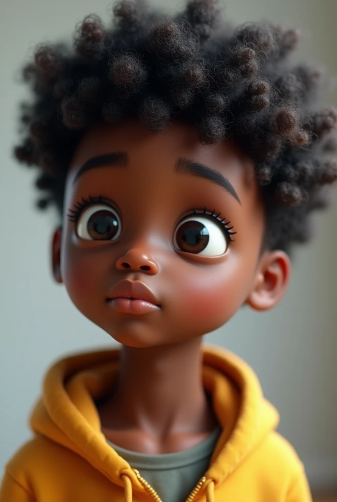 a black ager, curly hair, curious, looking forward, 3d, showing only from the waist up