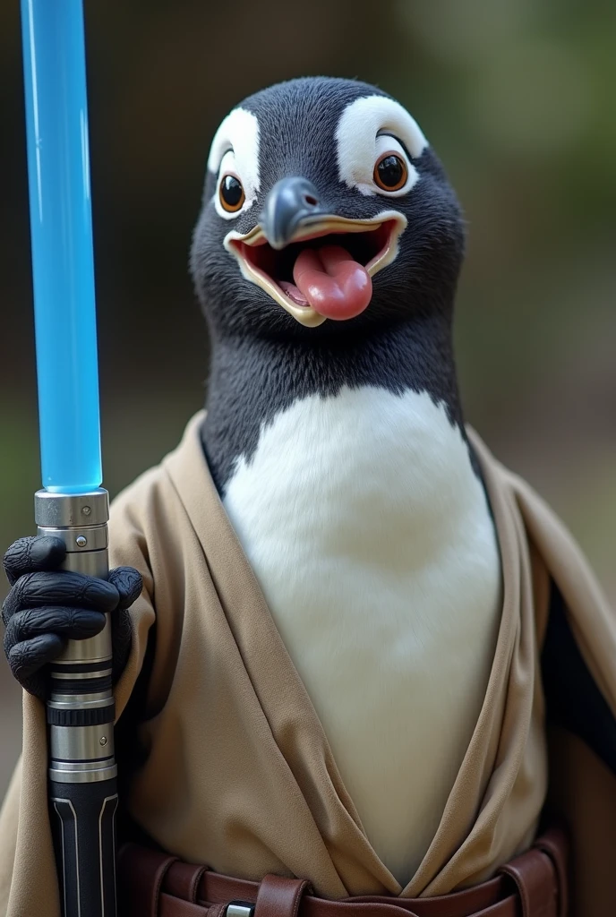 a close up of a penguin facing the camera with his tongue out on the side of his mouth and using a jedi vest with a light saber on his hand