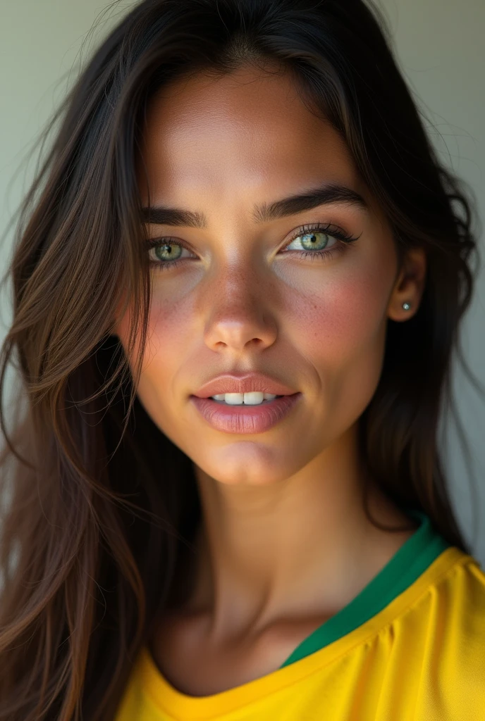 ((Photorealistic, Ultra realistic, best quality 16K)) A beautiful Brazilian woman after playing a soccer match, she has straight dark brown hair down to her shoulders, light green eyes, full lips, thin nose, a nose piercing,white skin, light eyes, sweaty . (Face portrait only) 