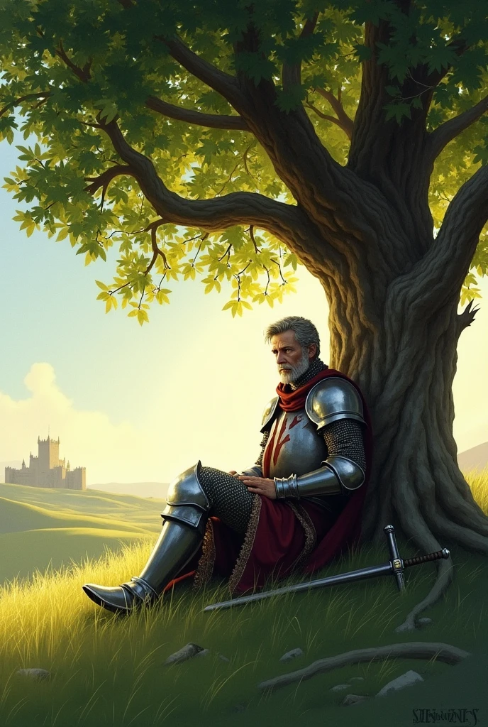 A knight rests beneath a tree