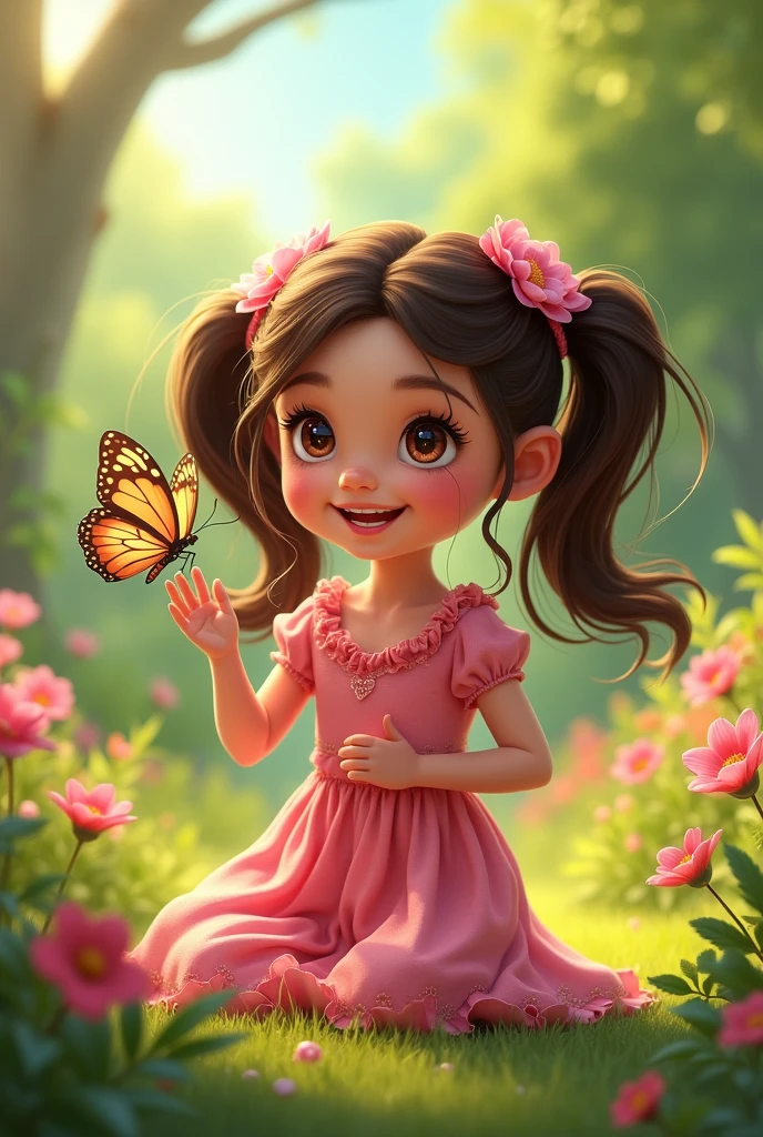 Style fée une de 6 ans métisse avec les yeux marrons qui sourit. Un papillon est posé sur sa main. Elle porte une robe de pétales de fleurs dans les tons roses et verts. Des fleurs sont visibles et des animaux. Elle a les cheveux tres bouclés et a deux tresses collées. Elle a des ailes dans le dos.