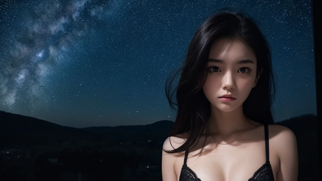 24-years-old、Beauty、Perfect Face、Pitch-dark room、Expressionless、Black Bra、Starry sky from the window