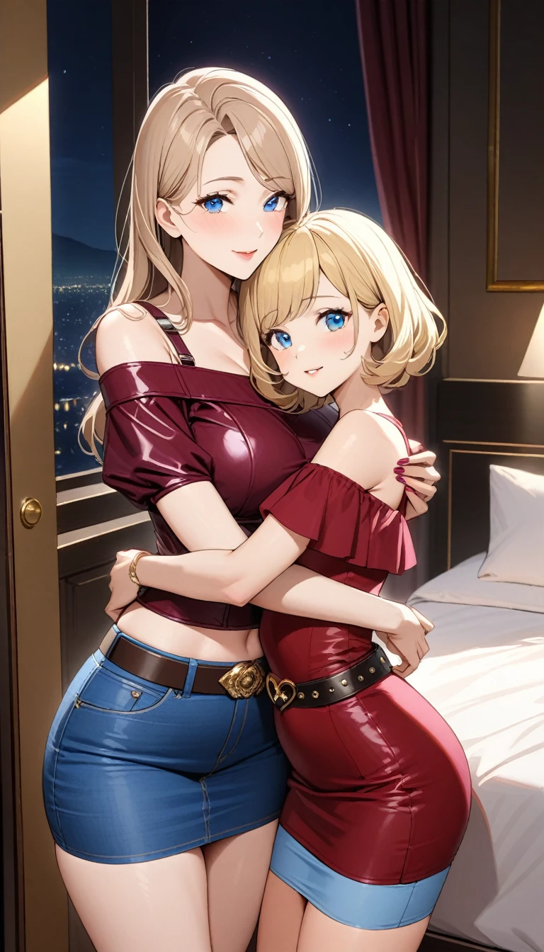 ((Two beautiful ladies)), ((lady 1: 45y old mom, with short straight blonde hair with blue eyes and caucasian skin, wearing ((Tight Dark Blue Denim Skirt)), ((Leather Belt)), ((Sexy Off Shoulder Short Sleeves Crimson Blouse)), ((lady 2: 18y old daughter, with short straight blonde hair  with blue eyes and caucasian skin, wearing ((Tight Light Blue Denim Skirt)), ((Leather Belt)), ((Sexy One Strap Short Sleeve Burgundy Blouse)), ((lady 1: 45y old mom wearing luxurious jewelry, 18k gold wedding ring on left hand)), standing in their bedroom at night, mother hugging and kissing her daughter from behind, (light brown lipstick), (elegant mascara), (slim body), (small breasts), (wide hips), endjourney, <lora:GoodHands-, <lora:GoodLegs-, UHD, high resolution, (expressive eyes, perfect face, full body, expressive face, perfect body, perfect pussy, athletic, fit, slim body, blushing, Perfect makeup, eyeliner, beautiful eyelashes, smiling, horny face), ((best illumination, best shadows)), ((sexy pose)), score_9_up, score_8_up, score_7_up
