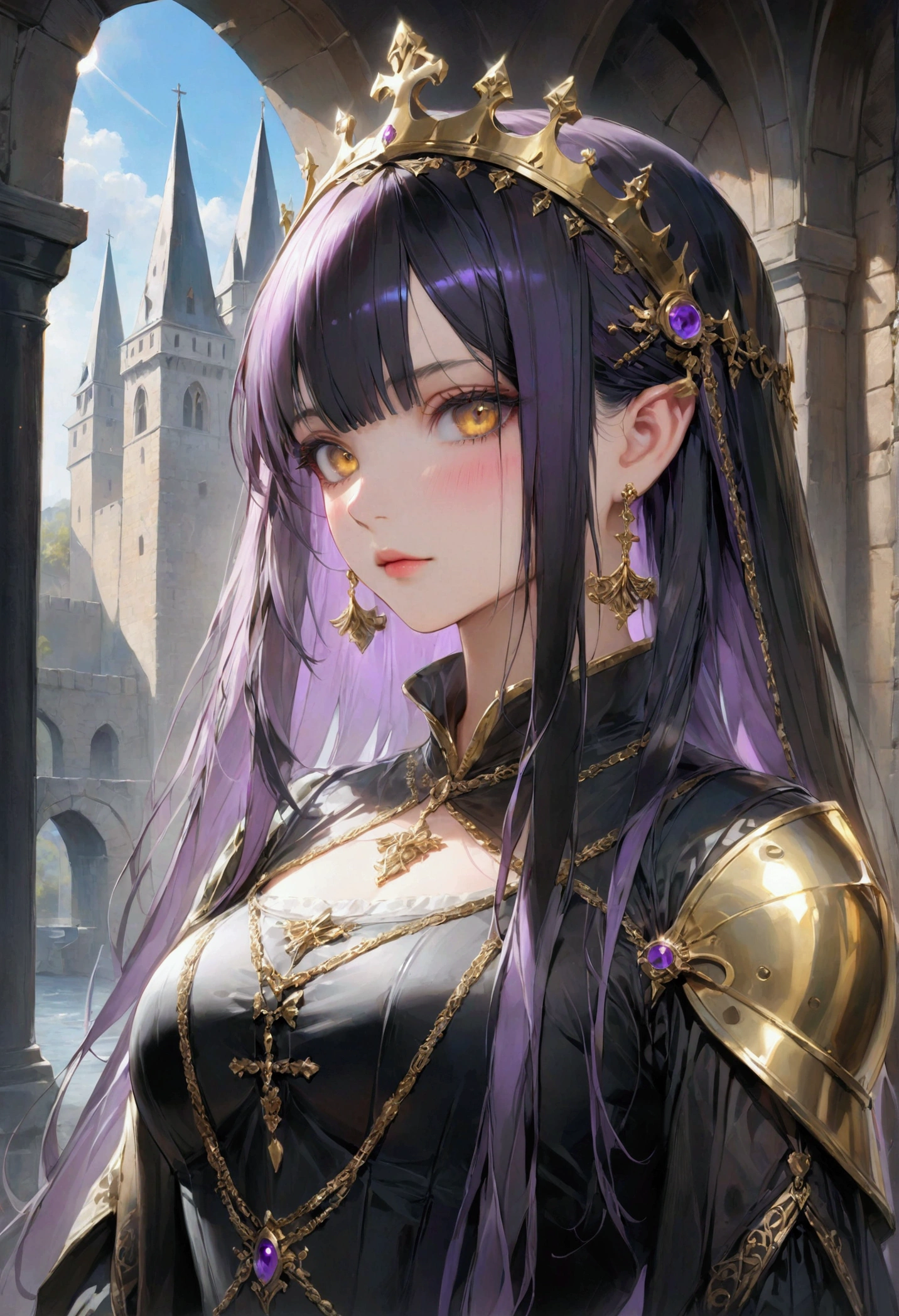 Long smooth straight black hair, inner colored dark-purple hair, golden eyes, medieval clothing, masterpiece, super detail, best quality, 8k,semi-realistic