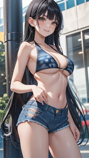 Honor student,Beautiful black hair,long hair,(Straight Hair),high school girl,(boyish),Dark Eyes,Muscular,tall,(Slim body),(自信に満ちたsmile),smile,(Patterned bikini:1.3),(High cut denim shorts:1.4)