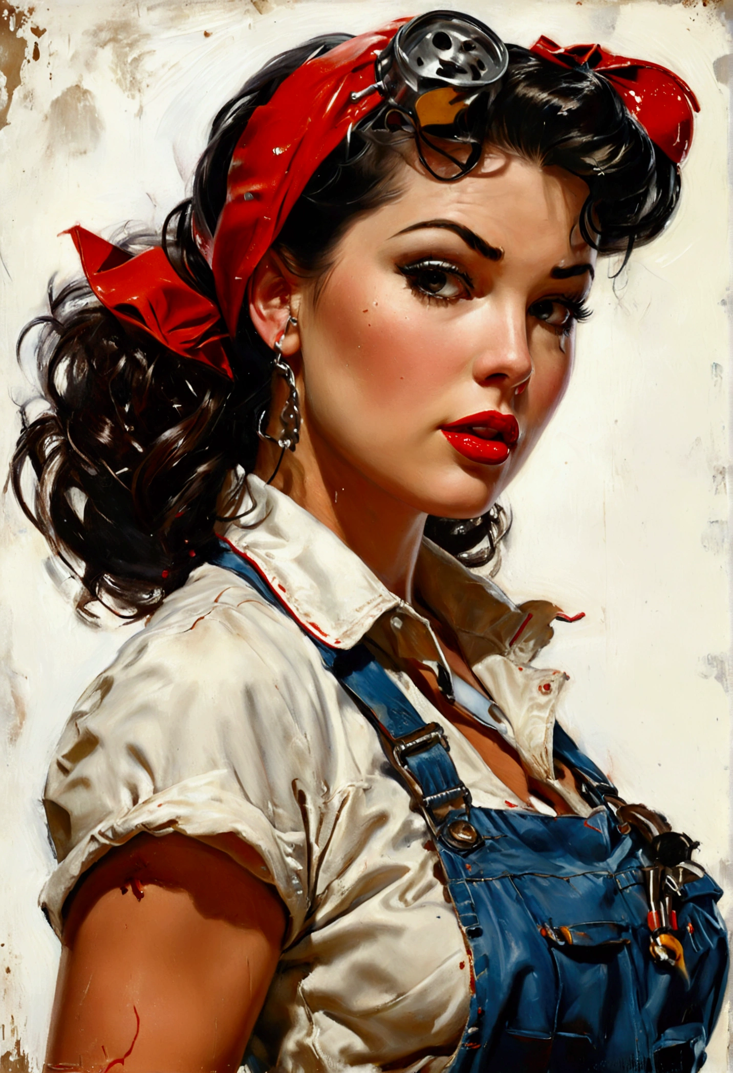 pinup model, standing, mechanic overalls, GREASE DIRTY, face with grease, looking back, wheel wrench in hand, sultry gaze, cocked ass, White background, oil painting, work of art. gil elvgren style.
