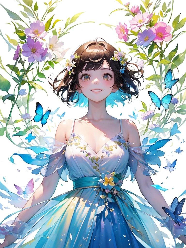 (masterpiece、highest quality、highest quality、Beautiful and beautiful:1.2)、Good anatomy、(Watercolor 1.5)、Composition looking up from a low position、Long Shot、Drawing of a girl with straight short hair、Beautiful smile、Butterfly Fairy Costume、pure white、pure、Charm、looking at the camera、Flowers and leaveint Green Wind、Botanical Art