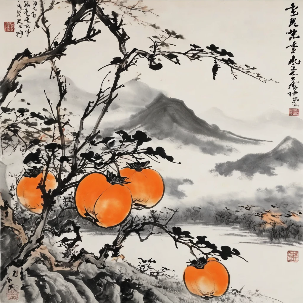 Highest quality: 1.23, strong brushstrokes, temples deep in the mountains, persimmon trees, orange persimmon fruits, ink paintings strongly influenced by Sesshu, powerful brushstrokes, the power of branches full of vitality, colored paper, signatures, scribbles, masterpieces
