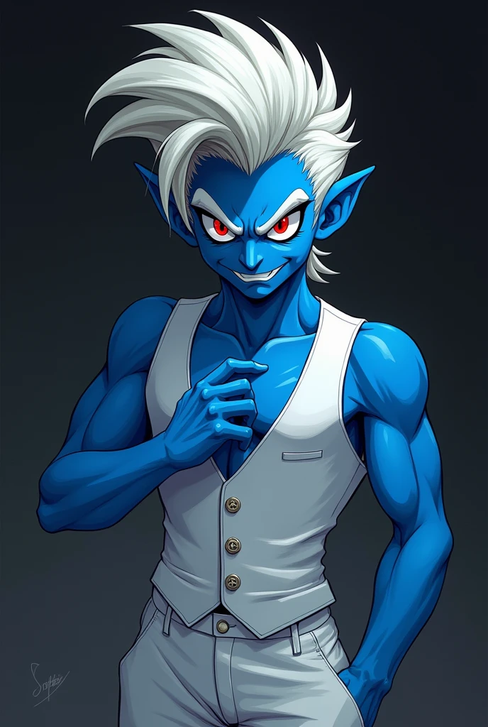 An evil smurf man, But very handsome, with evil smile and red eyes, high, straight white hair and white vest dress and white classic pants, resembling an anime drawing