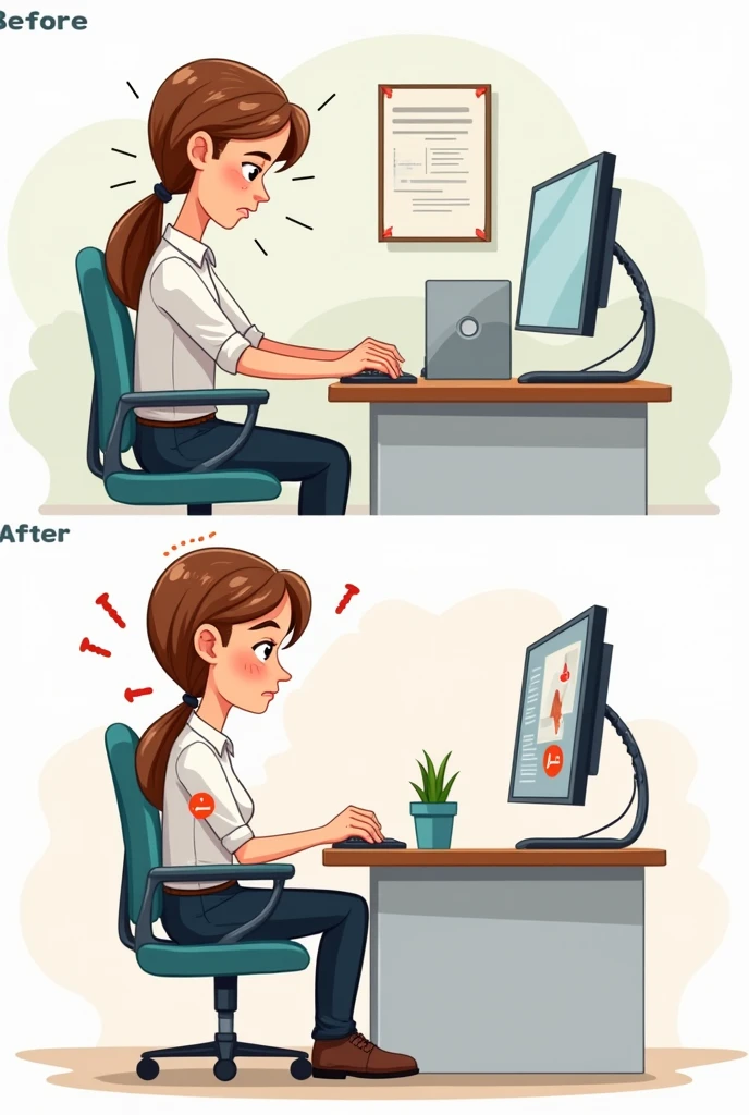Create and draw a cartoon showing the cause and consequence of an improper ergonomic posture..
