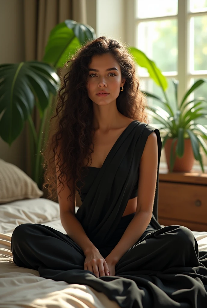 (photorealism:1.2), beautiful woman, sitting on bed,black saree , long curly hair, indoors, soft lighting, plants in background, window with sunlight, cozy room, relaxed pose, realistic, intricate detailed