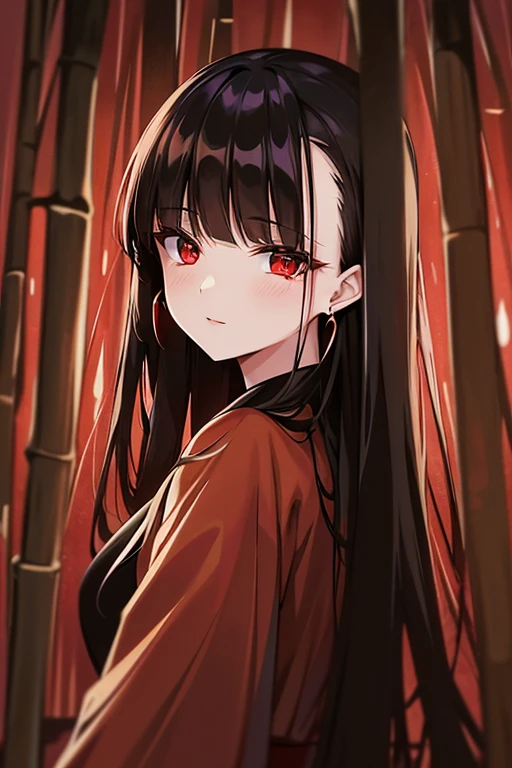 Dynamic ink painting of the Japanese bamboo forest, great art, great depth, ground photography, the world's most beautiful bamboo forest, a woman under the red moon (high-quality make-up glamorous earrings with red eyes) It's raining in a very high-quality painting, and the high-quality raindrops are visible