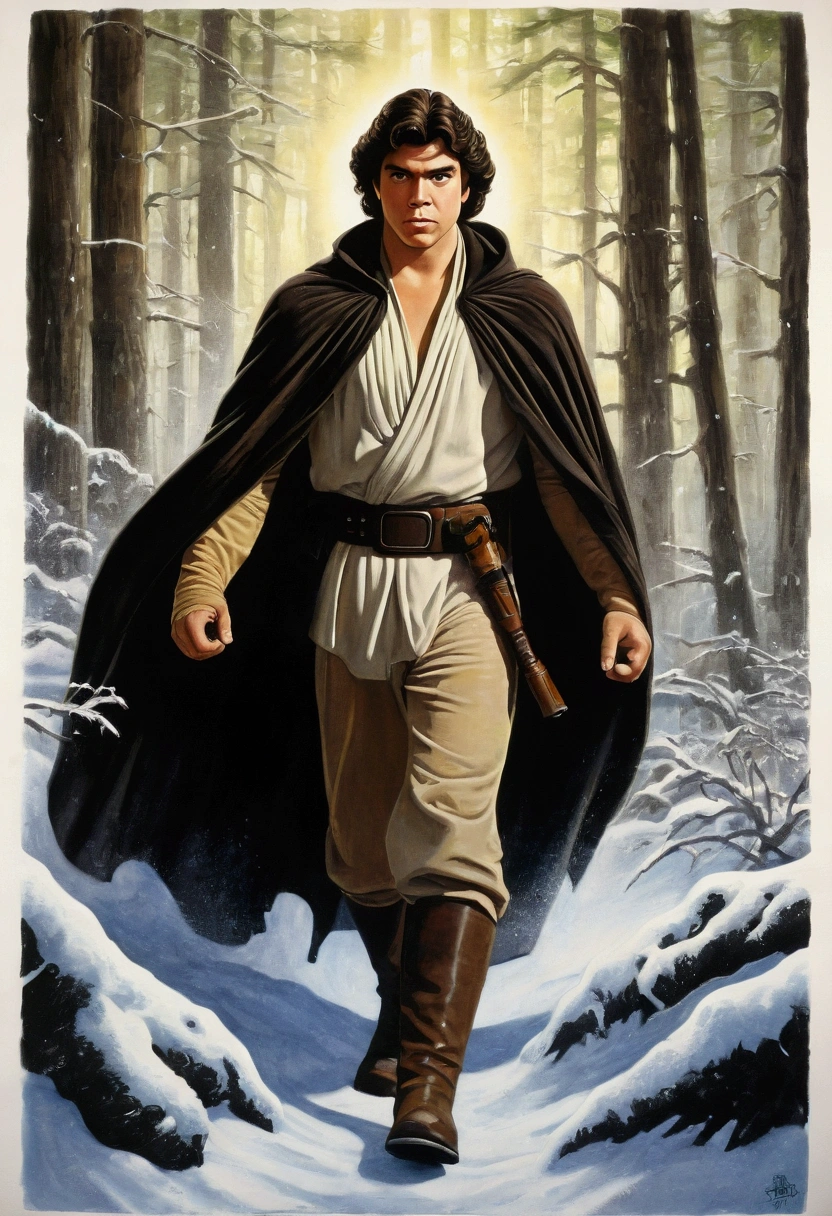 An illustrated movie poster, hand-drawn, full color, a young Jedi, 18-years-old, male, wearing an umbra cloak, portly figure, broad shoulders, muscular, brown eyes, brown-black hair, curly voluminous mane, sun-tanned skin, resembles Lou Ferrigno, hiking through a frozen forest, graphite shading, stencil marks, airbrushed acrylic paint, masterpiece, in the style of Drew Struzan 