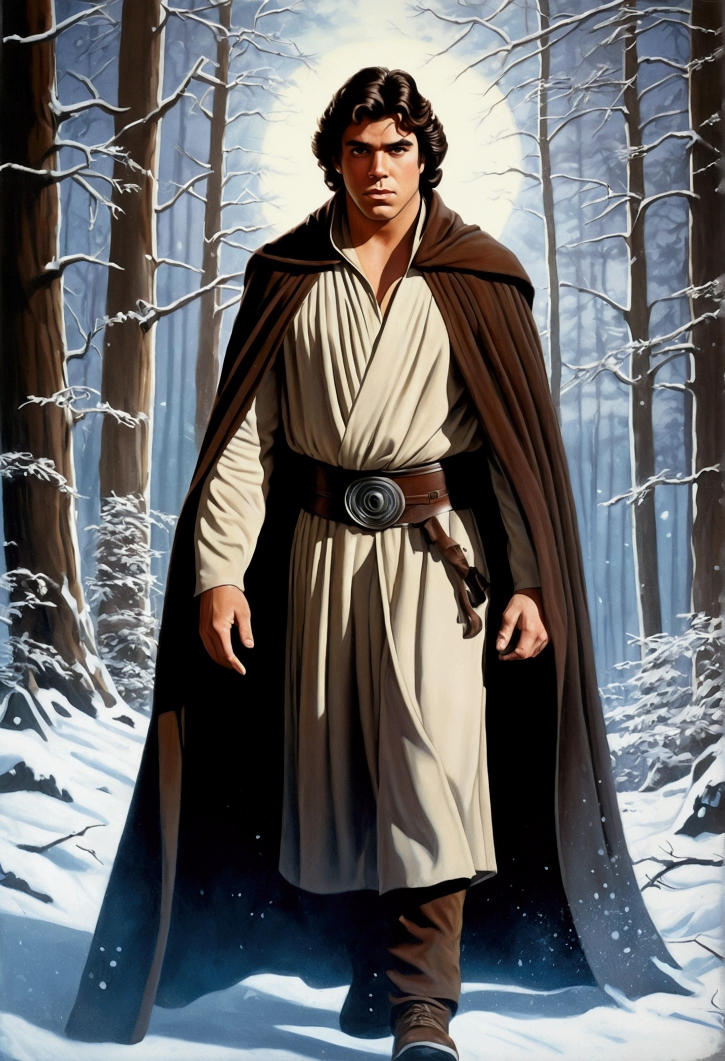 An illustrated movie poster, hand-drawn, full color, a young Jedi, 18-years-old, male, wearing an umbra cloak, portly figure, broad shoulders, muscular, brown eyes, brown-black hair, curly voluminous mane, sun-tanned skin, resembles Lou Ferrigno, hiking through a frozen forest, graphite shading, stencil marks, airbrushed acrylic paint, masterpiece, in the style of Drew Struzan