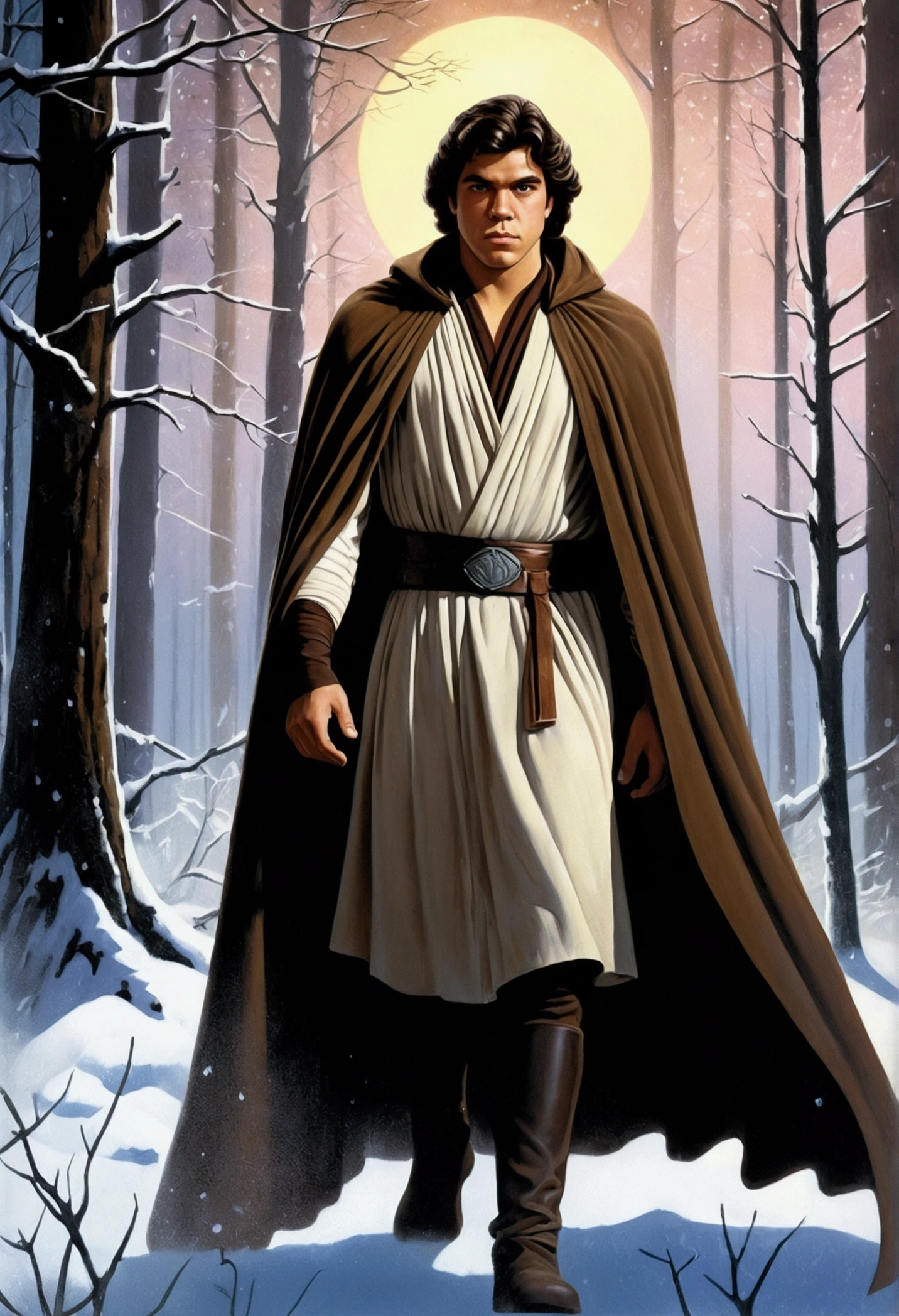 An illustrated movie poster, hand-drawn, full color, a young Jedi, 18-years-old, male, wearing an umbra cloak, portly figure, broad shoulders, muscular, brown eyes, brown-black hair, curly voluminous mane, sun-tanned skin, resembles Lou Ferrigno, hiking through a frozen forest, graphite shading, stencil marks, airbrushed acrylic paint, masterpiece, in the style of Drew Struzan 