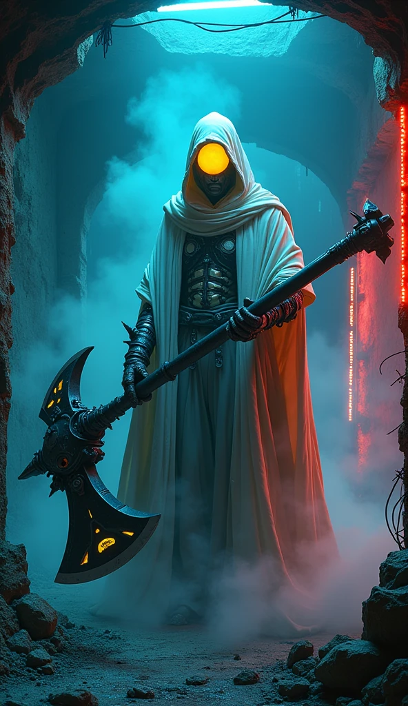 A dark, imposing figure clad in a white ferrofluid & blue, long blue hair, tall, hooded cloak stands in a cyberpunk urban environment, wielding an enormous, highly detailed mechanical weapon. The weapon is a massive gigantic red two sided spiky axe-like blade attach on two hands with golden accents, covered in intricate mechanical parts, gears, and spikes, giving it a menacing appearance. The figure's face is obscured by the hood only show his futuristic glowing yellow helmet visor, adding to the mysterious and intimidating presence. dramatic electric sparks and white smokes. The background features inside a dilapidated underground lair and barbwire. The overall image exudes a sense of power, danger, and post-apocalyptic readiness. night time,lit from behind with a neon blue industrial lamp,dark, illuminated by red neon lights 