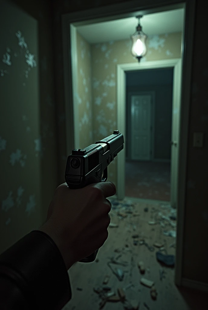 abandoned mansion, first person perspective with a pistol in hand, find monster MrX from resident evil 2