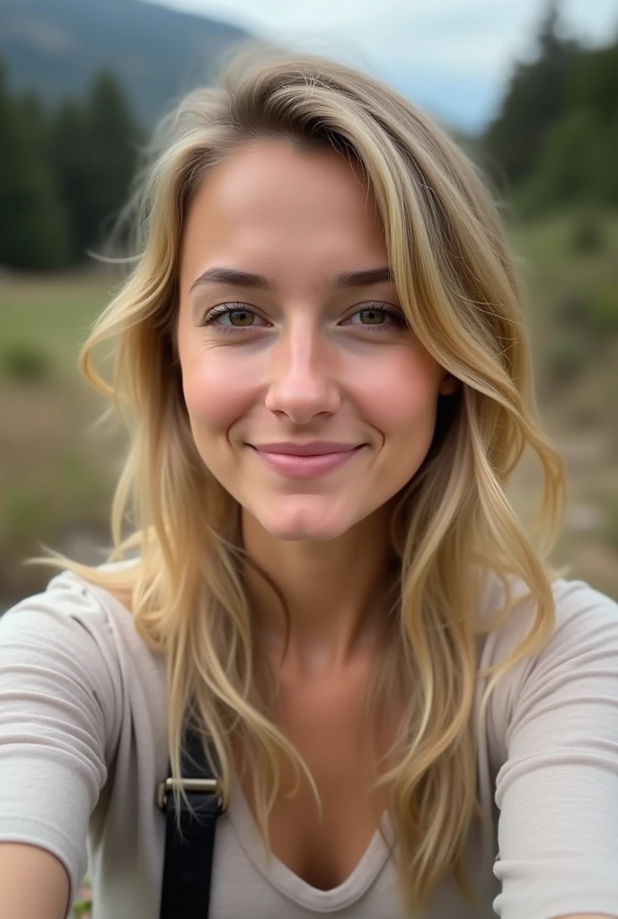  average looking blonde, brown eyes, outdoor, distance, upper body selfie, wearing casual clothes, side view