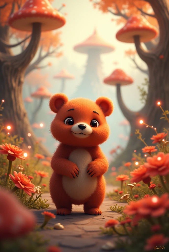 A little red bear with a fantasy feel。A fantastic atmosphere。