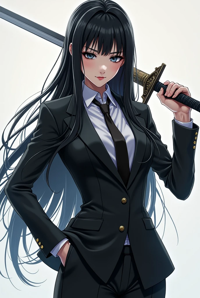Anime girl in a suit, holding a sword, agile, cool, long straight black hair, sharp eyes