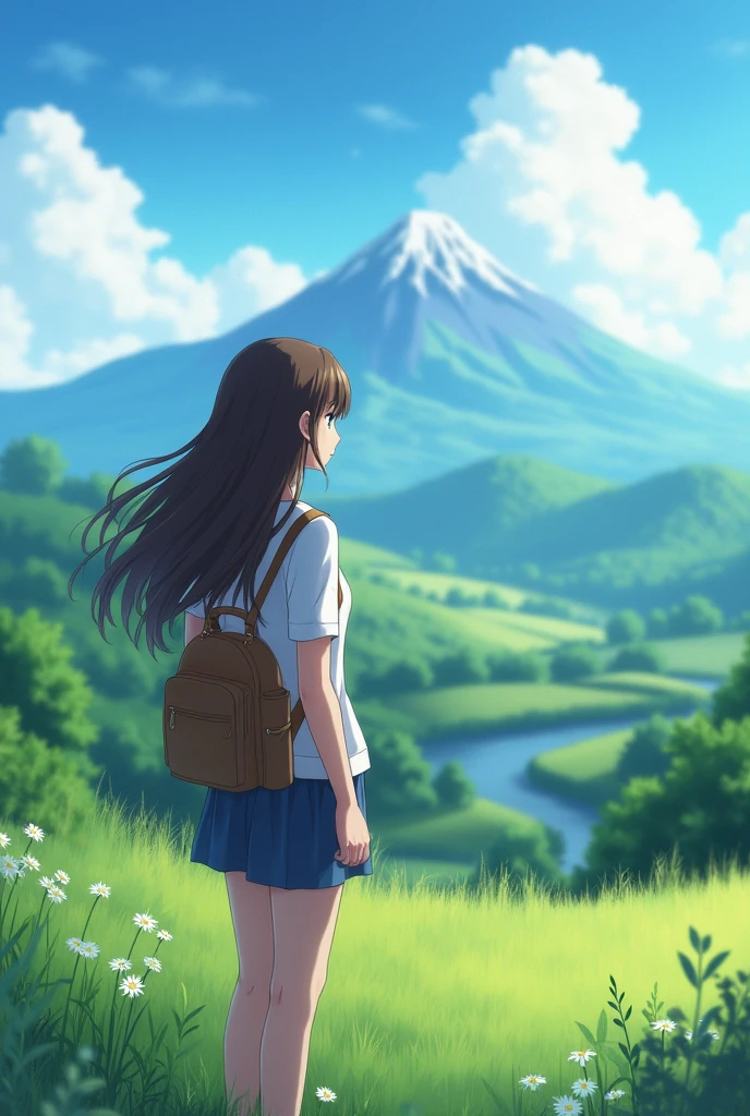 a pretty young woman from behind, with long brown hair, admiring a landscape as shown in animes, with a college bag, with casual clothes 