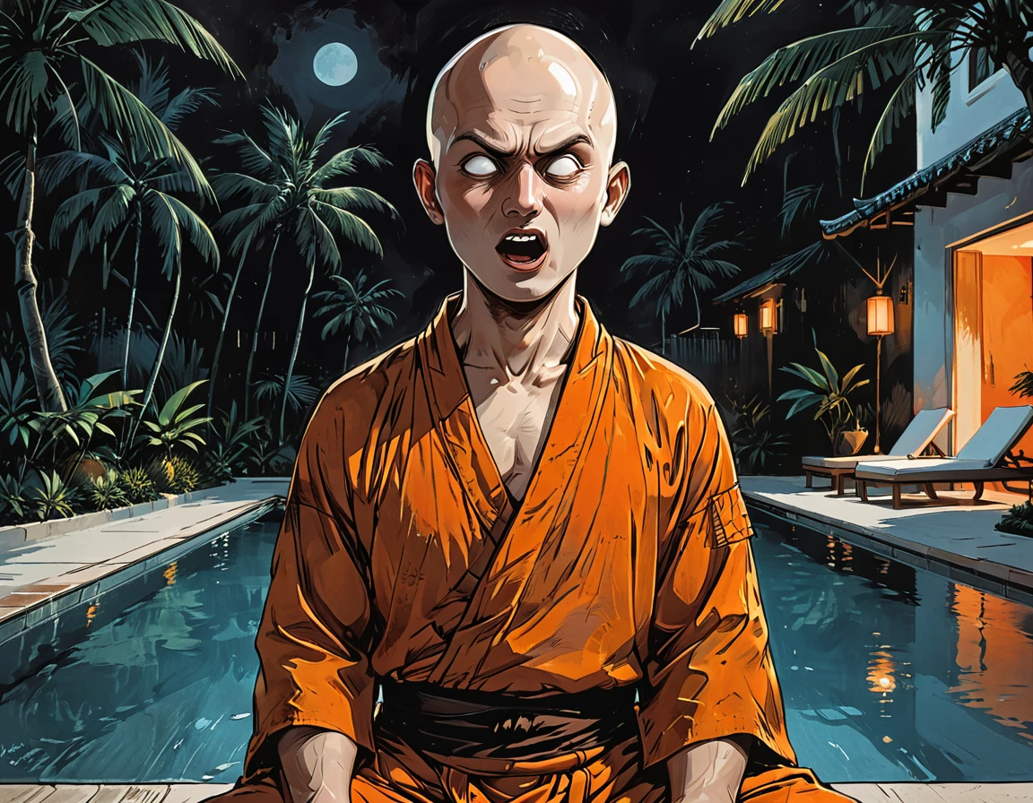 ((open mouth)),(night),portrait blind Buddhist monk sitting with open mouth next to the pool at the white hotel, tropical, palm, white hotel, pool, round face, white eyes, no eyebrows, no hair, bald, paw-eared, round cheeks, narrow lips, man, white sclera eyes, Whitewash Eyes, ((orange Kashaya)), graphic style of novel comics, perfect hands, 2d,
8k, hyperrealism, masterpiece, high resolution, best quality, ultra-detailed, super realistic, Hyperrealistic art, high-quality, ultra high res, highest detailed, lot of details, Extremely high-resolution details, incredibly lifelike, colourful, soft cinematic light,
