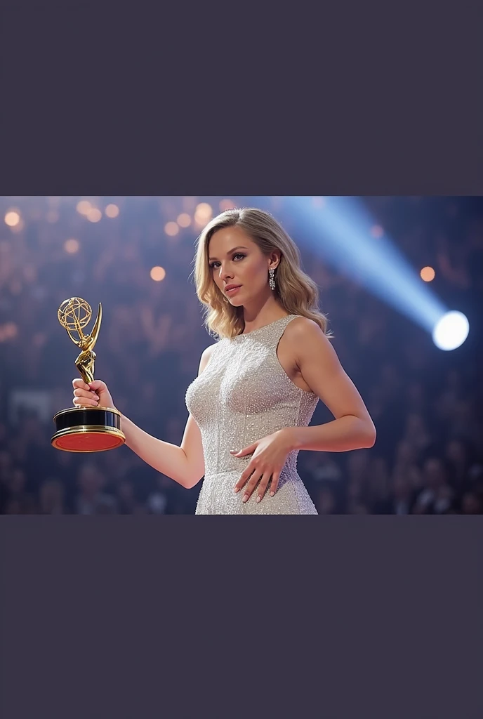 woman, 38 year old, Receives the Oscar statuette , standing on the stage at the podium, Swedish blonde with big breast and medium butt, naked , barefoot, detailed , focus on feet and and face, embarrassed about being naked, wearing a cloak but with visible breasts and and feet, seductive, slightly spreading legs, feet in focus, standing