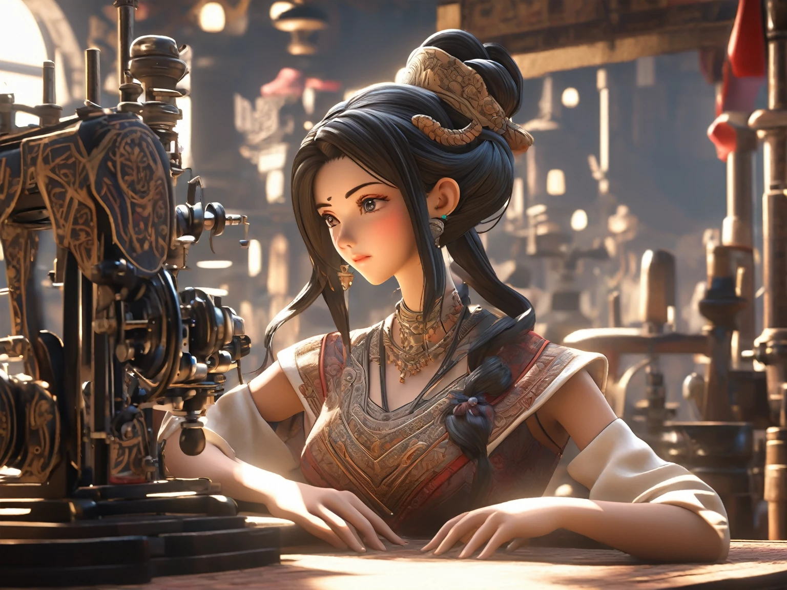 A woman named Mai Valentine (Tailor), Eyes gazing downward, sat n front of a stitching machine, Ancient times, 3D, Realistic anime character, Extremely detailed face and eyes, Beautifully dressed, Intricate details, Photorealistic, Cinematic lighting, Dramatic shadows