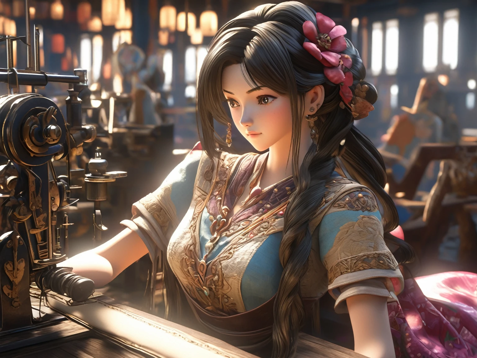 A woman named Mai Valentine (Tailor), Eyes gazing downward, sat n front of a stitching machine, Ancient times, 3D, Realistic anime character, Extremely detailed face and eyes, Beautifully dressed, Intricate details, Photorealistic, Cinematic lighting, Dramatic shadows