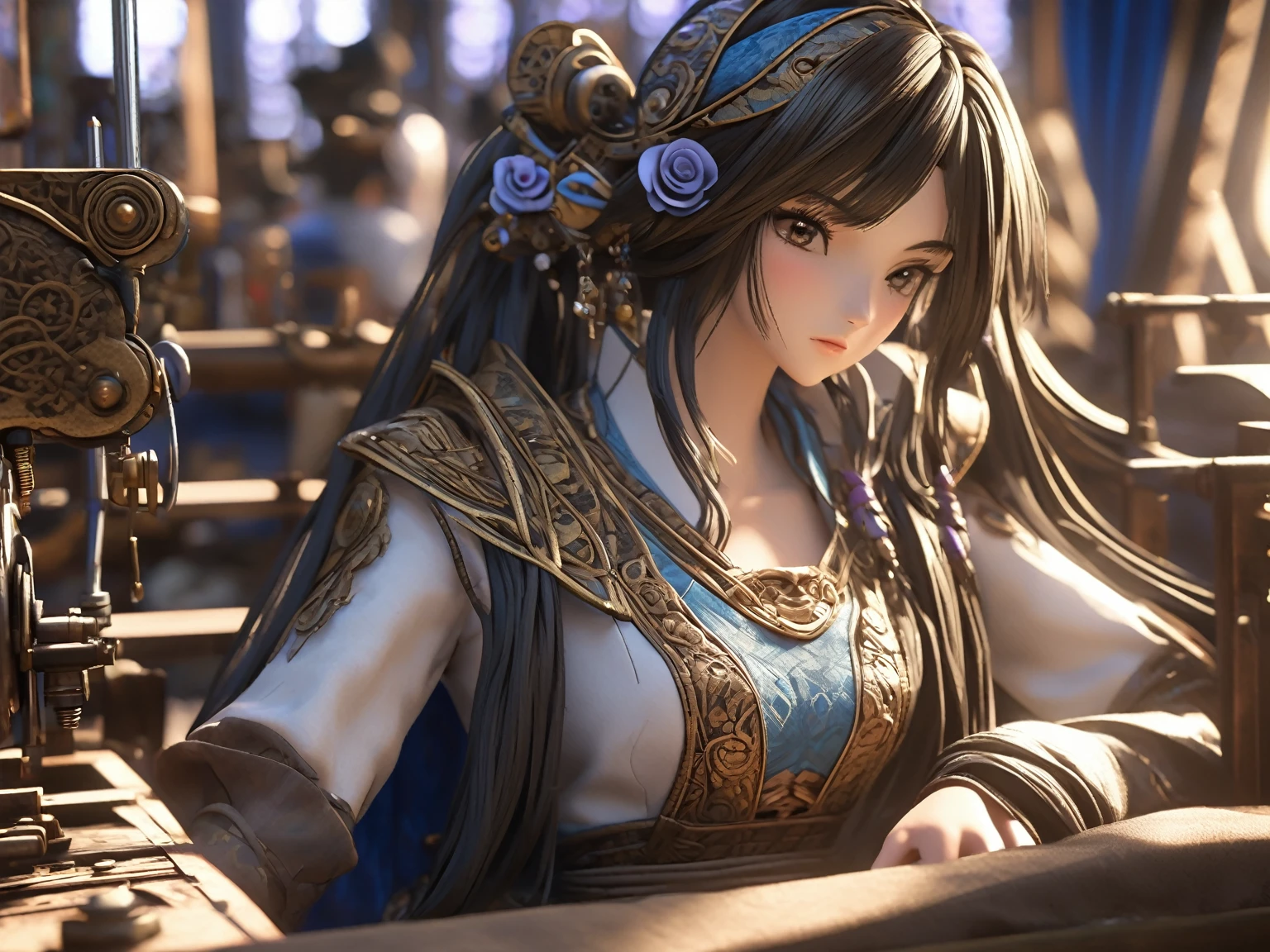 A woman named Mai Valentine (Tailor), Eyes gazing downward, sat n front of a stitching machine, Ancient times, 3D, Realistic anime character, Extremely detailed face and eyes, Beautifully dressed, Intricate details, Photorealistic, Cinematic lighting, Dramatic shadows