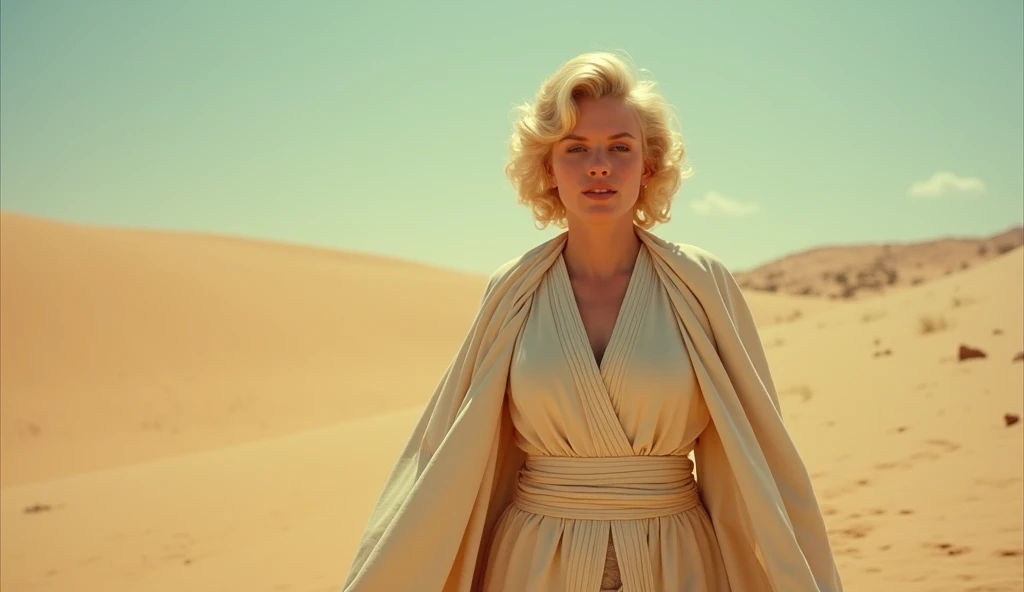 Screengrab of 1950's Super Panavision 70 movie. Retro in color. Marilyn Monroe wearing jedi robes in desert.